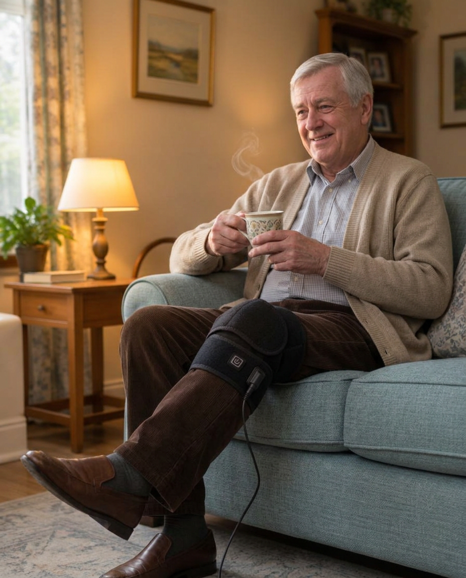 The same man relaxing on the sofa with a cup of tea, wearing the ReliefStep wrap on his knee