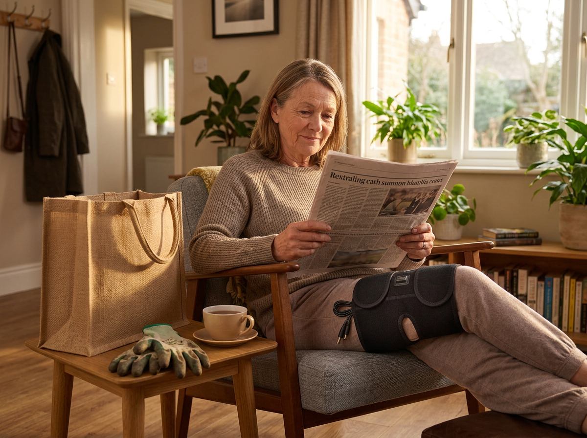 A woman reading by the window wearing the wrap after coming home