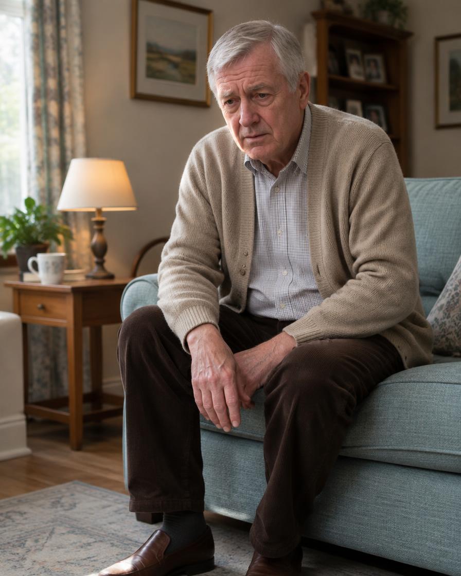 An older man sitting on the sofa holding his knee, looking uncomfortable