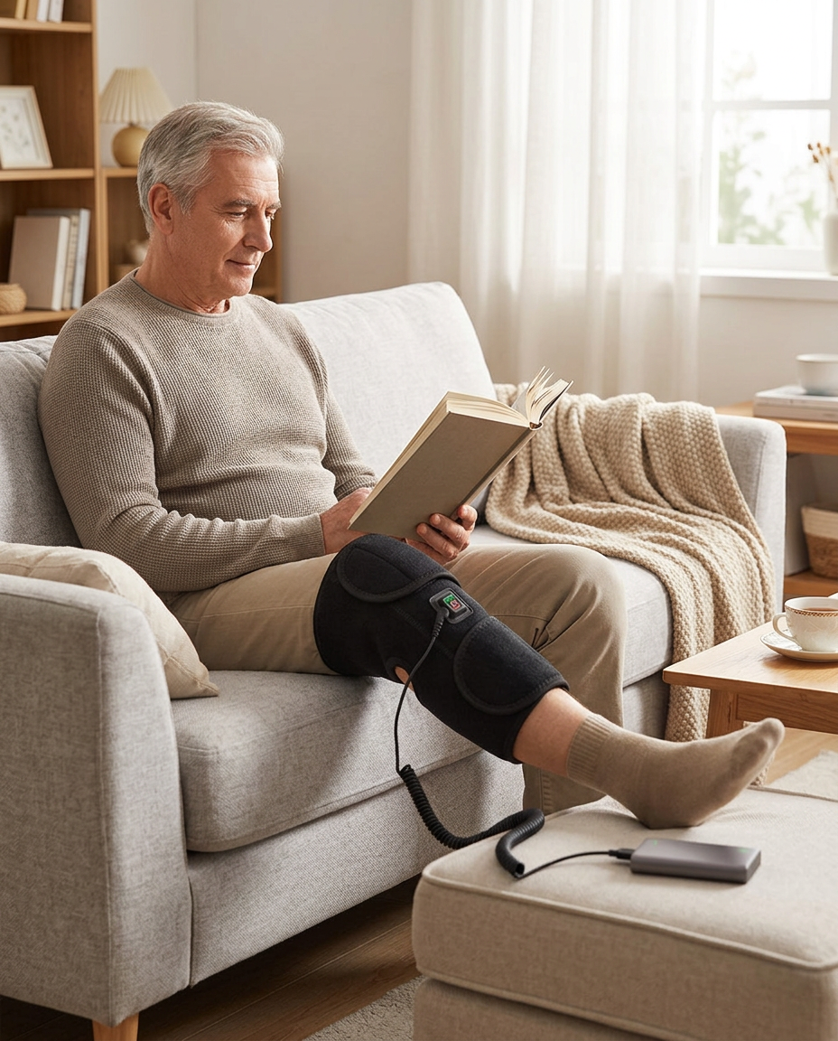 A man reading on the sofa with the wrap on his leg