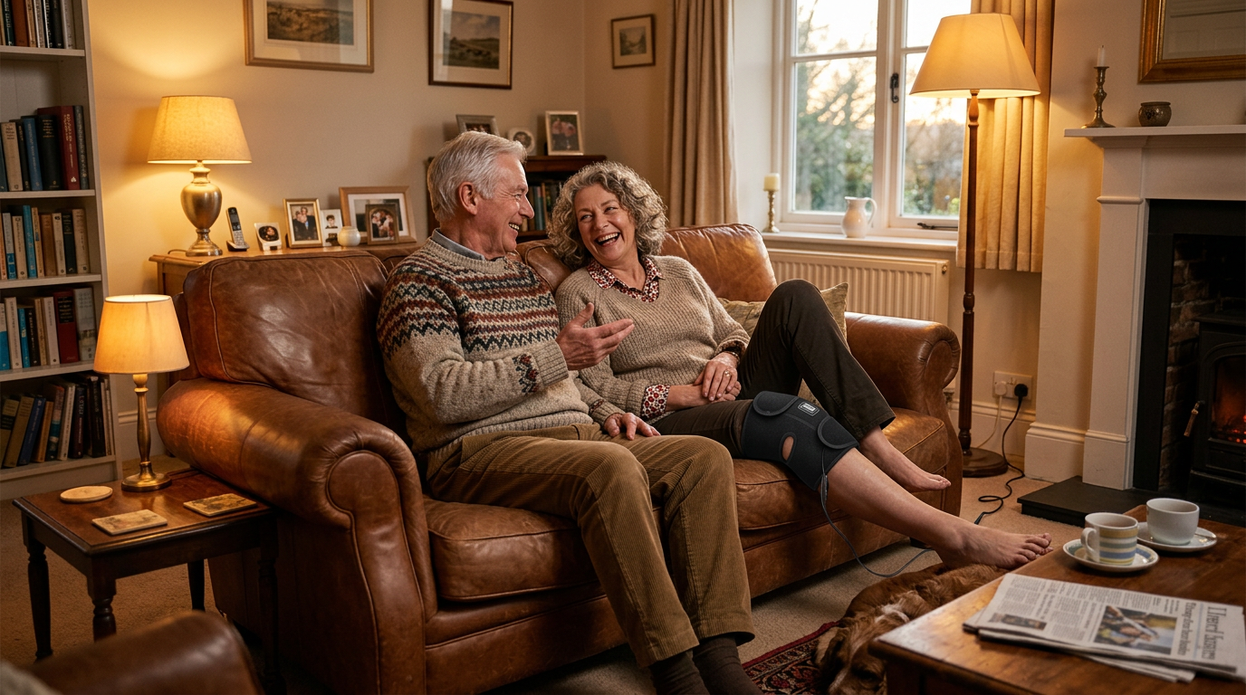 A couple relaxing on the sofa in the evening