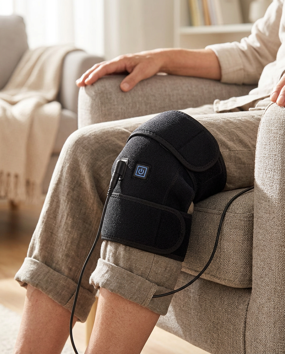 Close-up of the wrap fastened around a knee while seated